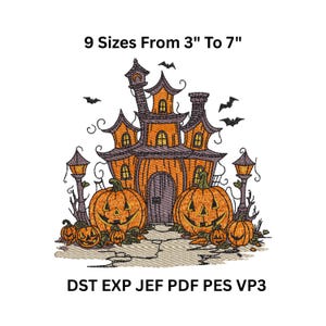 Peut inclure: Une broderie représentant une maison hantée orange avec un toit violet foncé, entourée de citrouilles d'Halloween et de chauves-souris. Le texte indique "9 Tailles De 7.6cm À 17.8cm" et "DST EXP JEF PDF PES VP3".