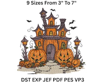 Haunted Mansion Halloween Embroidery Design: Bats & Pumpkins (9 Sizes, Digital File)