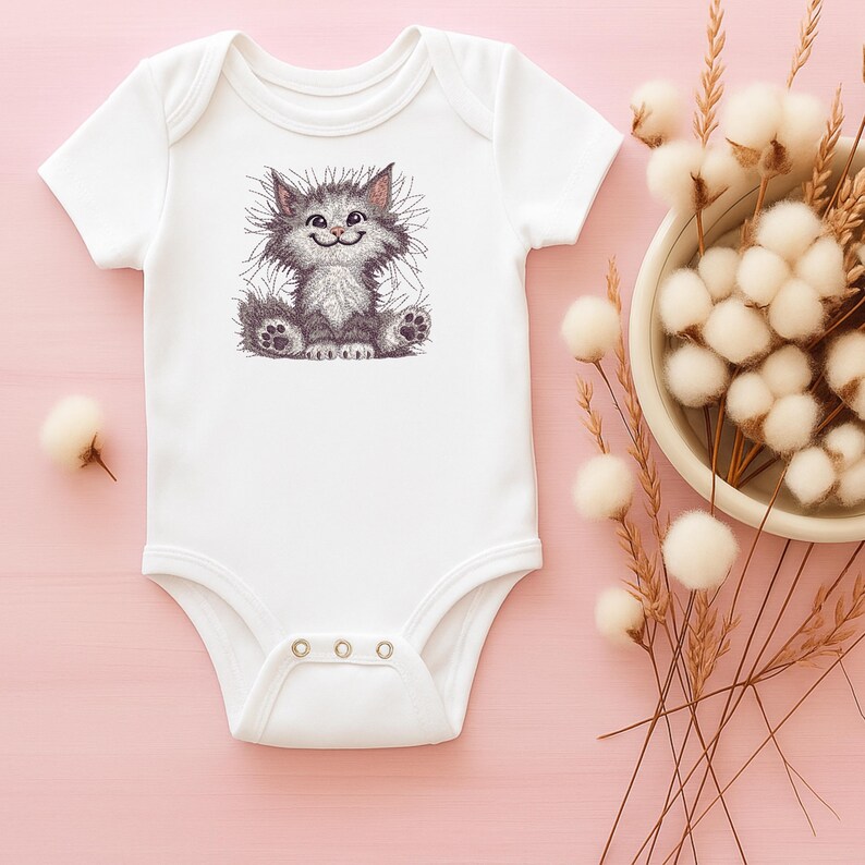 White baby onesie with cute cat embroidery design styled on pink background, perfect for newborn gifts, baby showers, and nursery decor.