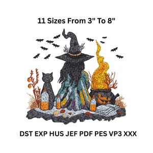 Witch and Cat Halloween Embroidery Design - Spooky Cauldron Scene Instant Digital File - 11 Sizes