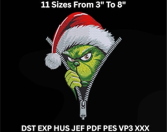 Grinch Christmas Zipper Peeker Embroidery Design 11 Sizes (Instant Download)