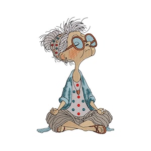 May include: An embroidered illustration of a person with gray hair in a messy bun, wearing round glasses, a blue cardigan, a white shirt with red and blue dots, and brown striped pants, sitting in a cross-legged meditation pose with eyes closed.