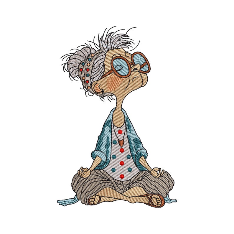 Meditating grandma machine embroidery design featuring a funny yoga granny with oversized sunglasses sitting in a peaceful lotus pose, ideal for shirts, tote bags, sweatshirts, towels, and home décor embroidery projects