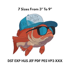 May include: Embroidered design of a fish wearing sunglasses and a blue cap that says "Salty Boy." The fish is orange and tan. The text above the fish reads "7 Sizes From 3" To 9".