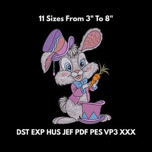 May include: An embroidered design of a cartoon rabbit wearing a purple top hat and holding a carrot. The text above reads "11 Sizes From 3" To 8"", and the text below lists file formats. The rabbit is wearing a pink jacket and a blue bow tie.
