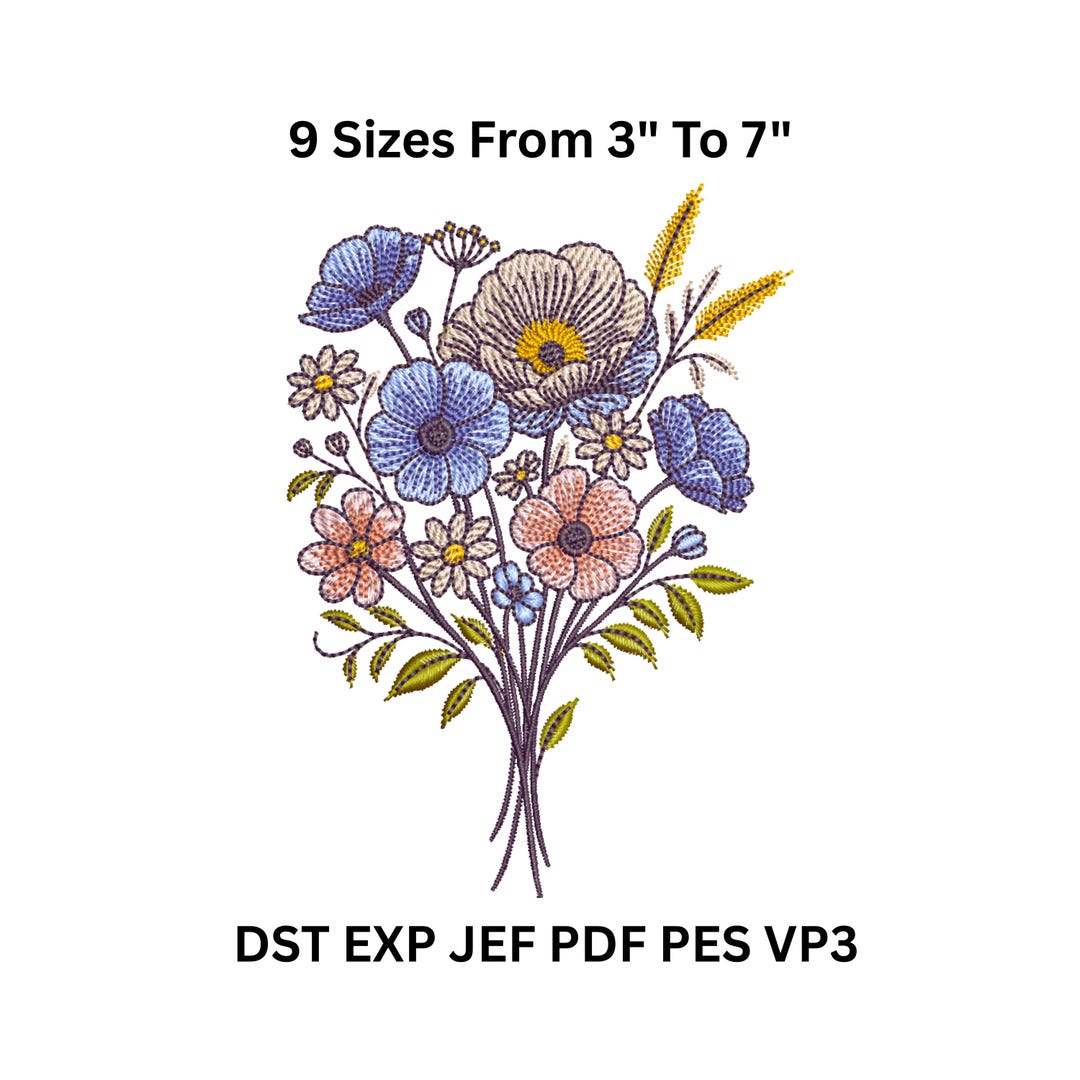 Wildflower Bouquet Machine Embroidery Design – 9 Sizes, Digital Floral ...