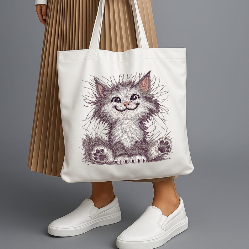 White tote bag featuring fluffy cat embroidery design, styled with pleated skirt and sneakers, perfect for pet lovers and machine embroidery fans.