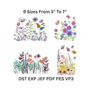 Könnte beinhalten: Vier gestickte Blumendesigns mit Schmetterlingen und Libellen. Die Designs umfassen verschiedene Blumen in Rosa-, Lila-, Gelb- und Orangetönen. Der Text oben lautet "9 Größen Von 7.6 cm Bis 17.8 cm" und der Text unten lautet "DST EXP JEF PDF PES VP3".