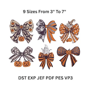 Puede incluir: Nueve lazos bordados con temática de Halloween en varios diseños. Los lazos presentan calabazas, murciélagos, fantasmas y estrellas en naranja, negro y gris. El texto "9 Tamaños De 7.6cm A 17.8cm" se muestra.