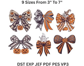 Halloween Bow Embroidery Designs: Pumpkin, Ghost, Skull (Digital Download)