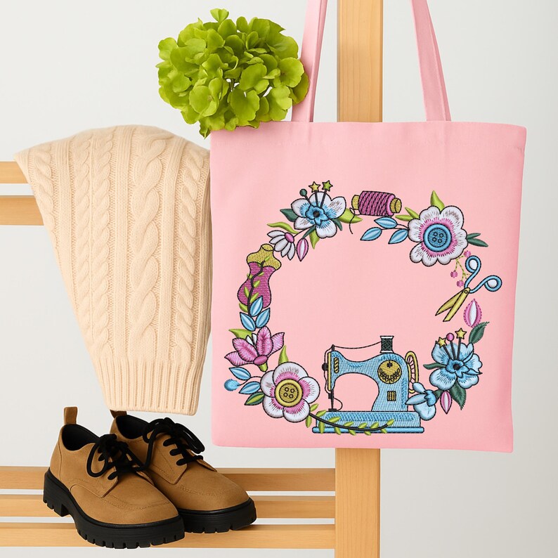 Floral sewing machine embroidery frame stitched on a pink tote bag. Includes editable text space, shown in lifestyle mockup. Ideal for custom gifts, labels, or handmade branding