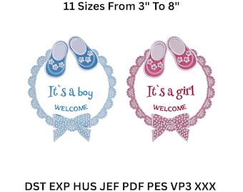 Blue & Pink Baby Shoe Embroidery Design – Welcome Wreath, 11 Sizes, Digital File