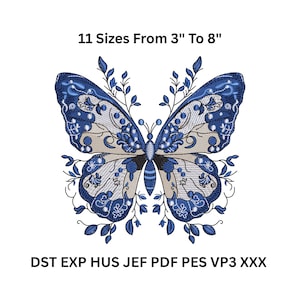 Op de afbeelding: Geborduurd vlinderontwerp in blauw en beige, met ingewikkelde bloempatronen. Beschikbaar in 11 maten, van 7,6 cm tot 20,3 cm. De afbeelding bevat ook de tekst "DST EXP HUS JEF PDF PES VP3 XXX".