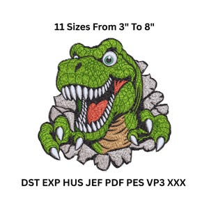 Puede incluir: Diseño de dinosaurio verde bordado con afilados dientes blancos y boca roja, rompiendo una superficie gris. El texto superior dice "11 Tamaños De 3" A 8"". Debajo, abreviaturas de formatos de archivo.