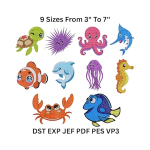 May include: A collection of colorful embroidered sea creatures, including a turtle, octopus, and clownfish. The text reads "9 Sizes From 3" To 7"" and "DST EXP JEF PDF PES VP3". These designs are suitable for various crafting projects.