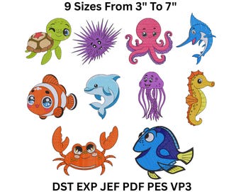 Ocean Animal Embroidery Designs - Sea Creature Bundle - 9 Sizes - Machine Embroidery Files