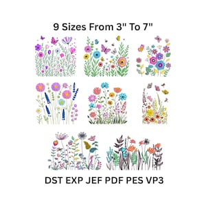 May include: Nine colorful floral designs with butterflies, ranging from 3 to 7 inches in size. The designs feature various flowers in shades of pink, purple, yellow, blue, and orange, with the text "DST EXP JEF PDF PES VP3".