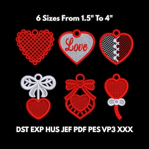 Diseños de bordado de corazón de encaje FSL: 6 patrones en 11 tamaños (3"–8"), descarga instantánea