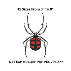 May include: Embroidered black widow spider design with a red hourglass marking on its abdomen. The design is available in 11 sizes, ranging from 3 to 8 inches. The image also lists various file formats.