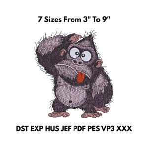 May include: A cartoon gorilla with a surprised expression, sticking out its tongue. The image includes the text "7 Sizes From 3" To 9"" and file type abbreviations. The gorilla is primarily black and gray with a red tongue and large white eyes.