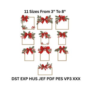 May include: A collection of Christmas-themed embroidery designs. Each design features a red bow with holly and berries, framed within a gold border. The text "11 Sizes From 3" To 8"" is displayed at the top.