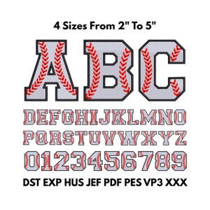 May include: A complete alphabet and number set in a baseball theme. The letters and numbers are gray with red baseball stitching and black outlines. The text "4 Sizes From 2" To 5"" is at the top, and file types are listed at the bottom.