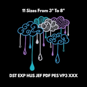 May include: An embroidered design featuring stylized clouds and raindrops in shades of blue, purple, and white, set against a black background. The text "11 Sizes From 3" To 8"" is at the top, and file format abbreviations are at the bottom.