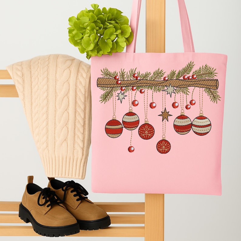 Christmas ornament embroidery design stitched on pink tote bag – festive red baubles and pine branch machine embroidery mockup