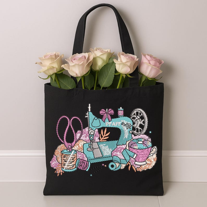 Black tote bag decorated with sewing machine embroidery design featuring scissors, thread, and sewing details – digital download embroidery file for personalizing bags, DIY crafts, and handmade sewing projects