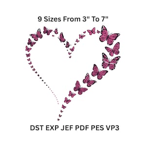 Puede incluir: Un diseño en forma de corazón compuesto por mariposas rosas de varios tamaños, con el texto "9 Tamaños De 7,6 cm A 17,8 cm" en la parte superior. El diseño también incluye el texto "DST EXP JEF PDF PES VP3" en la parte inferior.