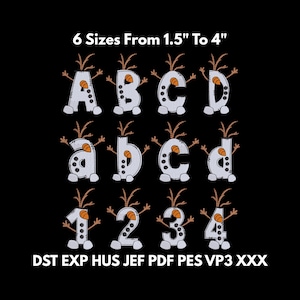 Op de afbeelding: Een zwarte achtergrond toont geborduurde letters en cijfers in een sneeuwman thema. De letters zijn hoofdletters en kleine letters A, B, C en D. De cijfers zijn 1, 2, 3 en 4. De tekst "6 Maten Van 3,8 cm Tot 10,2 cm" staat bovenaan.