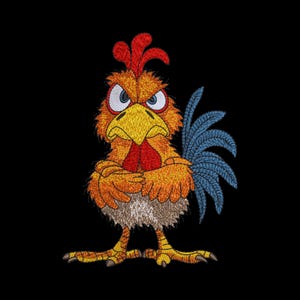 Angry Rooster Embroidery Design, Grumpy Cartoon Chicken Farm Animal, 7 Sizes