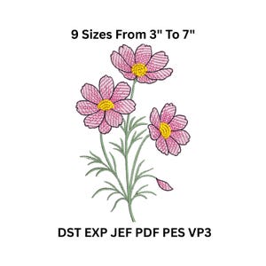 May include: An embroidered floral design featuring three pink cosmos flowers with yellow centers and green stems. The text above reads "9 Sizes From 3" To 7"" and the text below lists file formats.