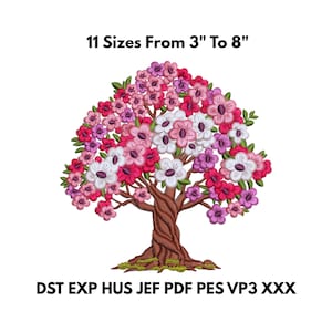 May include: An embroidered tree design with a brown trunk and a canopy of pink, white, and purple flowers. The text "11 Sizes From 7.6cm To 20.3cm" is above the tree. Below the tree are file format abbreviations.