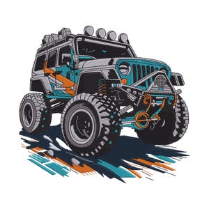 May include: An embroidered design of a teal and grey off-road vehicle with large black tyres, a roof rack with lights, and a front bumper winch. The vehicle is positioned over a stylised graphic of dark blue, teal, and orange jagged ground.