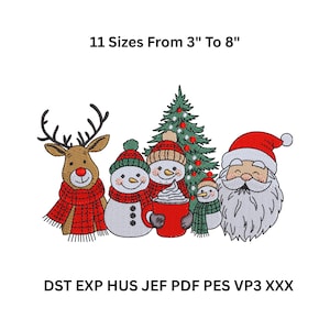 May include: A Christmas-themed design with a reindeer, snowmen, a Christmas tree, and Santa Claus. The text reads "11 Sizes From 7.6cm To 20.3cm". Available in various file formats.