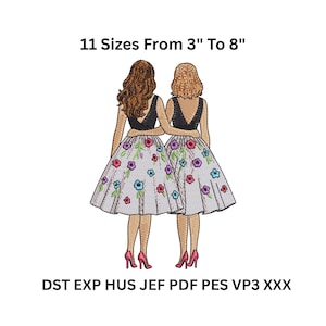 Puede incluir: Un diseño bordado con dos figuras abrazándose, con tops negros y faldas florales. El texto "11 Tallas De 7,6 cm A 20,3 cm" está encima de las figuras. El diseño incluye los tipos de archivo: DST EXP HUS JEF PDF PES VP3 XXX.