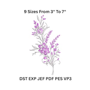 Könnte beinhalten: Gesticktes Blumendesign in Lila- und Silbertönen mit Blumen und Blättern. Das Design ist in 9 Größen von 7,6 bis 17,8 cm erhältlich. Das Bild enthält auch den Text "DST EXP JEF PDF PES VP3".