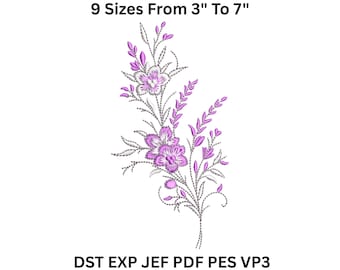 Purple Floral Branch Machine Embroidery Design - Flower & Leaf Pattern 9 Sizes Digital Download