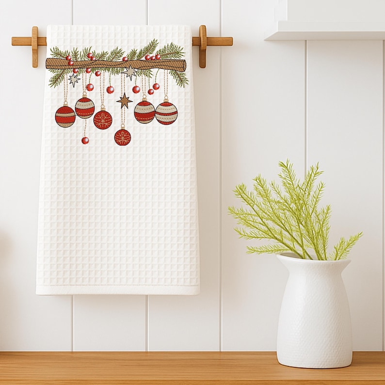 Christmas ornament embroidery stitched on white kitchen towel – red baubles and pine branch holiday design for festive home decor