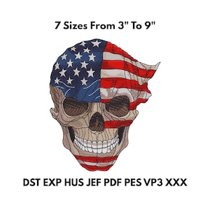 May include: An embroidered skull design with the American flag incorporated into the design. The skull is tan with a white-toothed grin. The flag covers the top half of the skull. The text above reads "7 Sizes From 3" To 9".