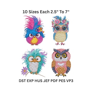 Könnte beinhalten: Vier farbenfrohe, gestickte Vogeldesigns. Der Text oben lautet "10 Größen je 2,5" bis 7"" und der Text unten lautet "DST EXP HUS JEF PDF PES VP3". Die Vögel sind in verschiedenen Farben, darunter Blau, Rosa, Gelb und Grün. Größen von 6,35 cm bis 17,78 cm.