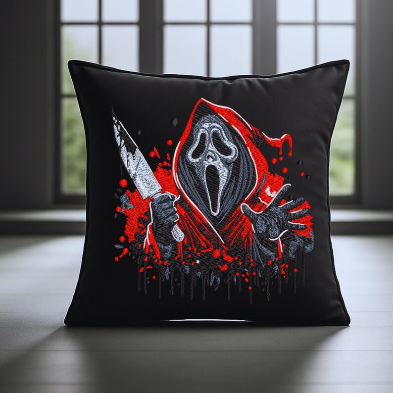 Ghost face horror embroidery design stitched on black pillow – Halloween digital embroidery file for machine download, includes 9 sizes