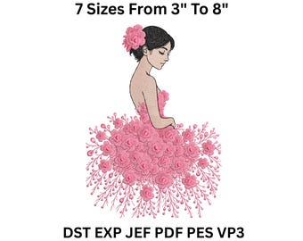 Girl in Floral Dress Machine Embroidery Design - Flower Embroidery Design File - 7 Sizes - Instant Download DST JEF PES