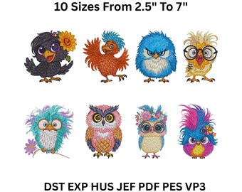 Bird Embroidery Designs Bundle - 8 Colorful Machine Embroidery Files 10 Sizes (DST, JEF, PES)