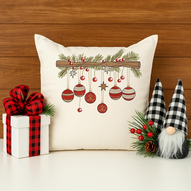 Christmas ornament embroidery design on white pillow – festive red baubles and pine branch with holiday décor and gift box
