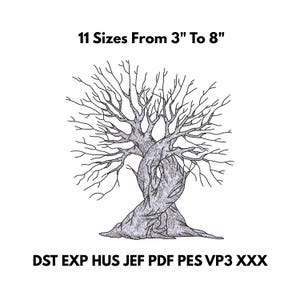 Könnte beinhalten: Ein gesticktes Baumdesign mit verschlungenen Stämmen und kahlen Ästen. Das Bild enthält den Text "11 Größen Von 7.6 cm Bis 20.3 cm" und Dateiformatabkürzungen.