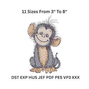 Op de afbeelding: Een geborduurd ontwerp van een lachende cartoon aap met grote oren, in tinten grijs, bruin en bruin. De tekst hierboven luidt "11 Maten Van 7.6cm Tot 20.3cm", wat de beschikbare maten aangeeft. Daaronder bestandsformaat afkortingen.