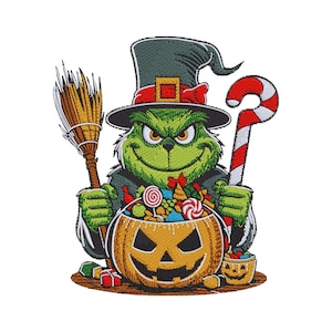 Green Christmas Monster Embroidery Design, Pumpkin Candy Bucket, Witch Hat Holiday Pattern