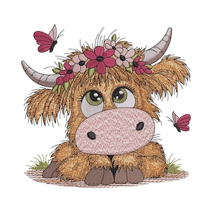 Boho Highland Cow Broderidesign, Blommig Western Farm Animal-fil, 7 storlekar PES DST